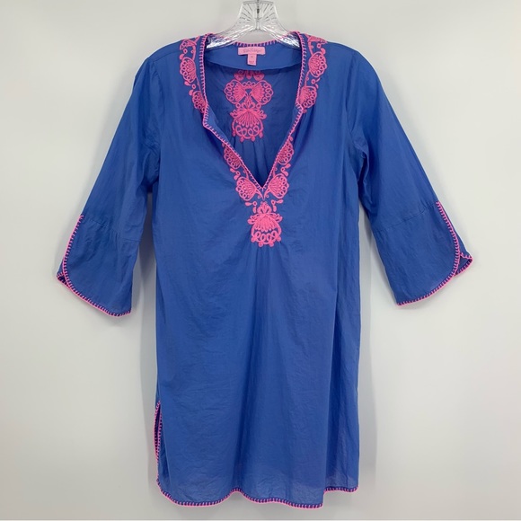 Lilly Pulitzer Piet Blue Pink Embroidered Cotton Cover Up Tunic Dress Size XS - Picture 1 of 7